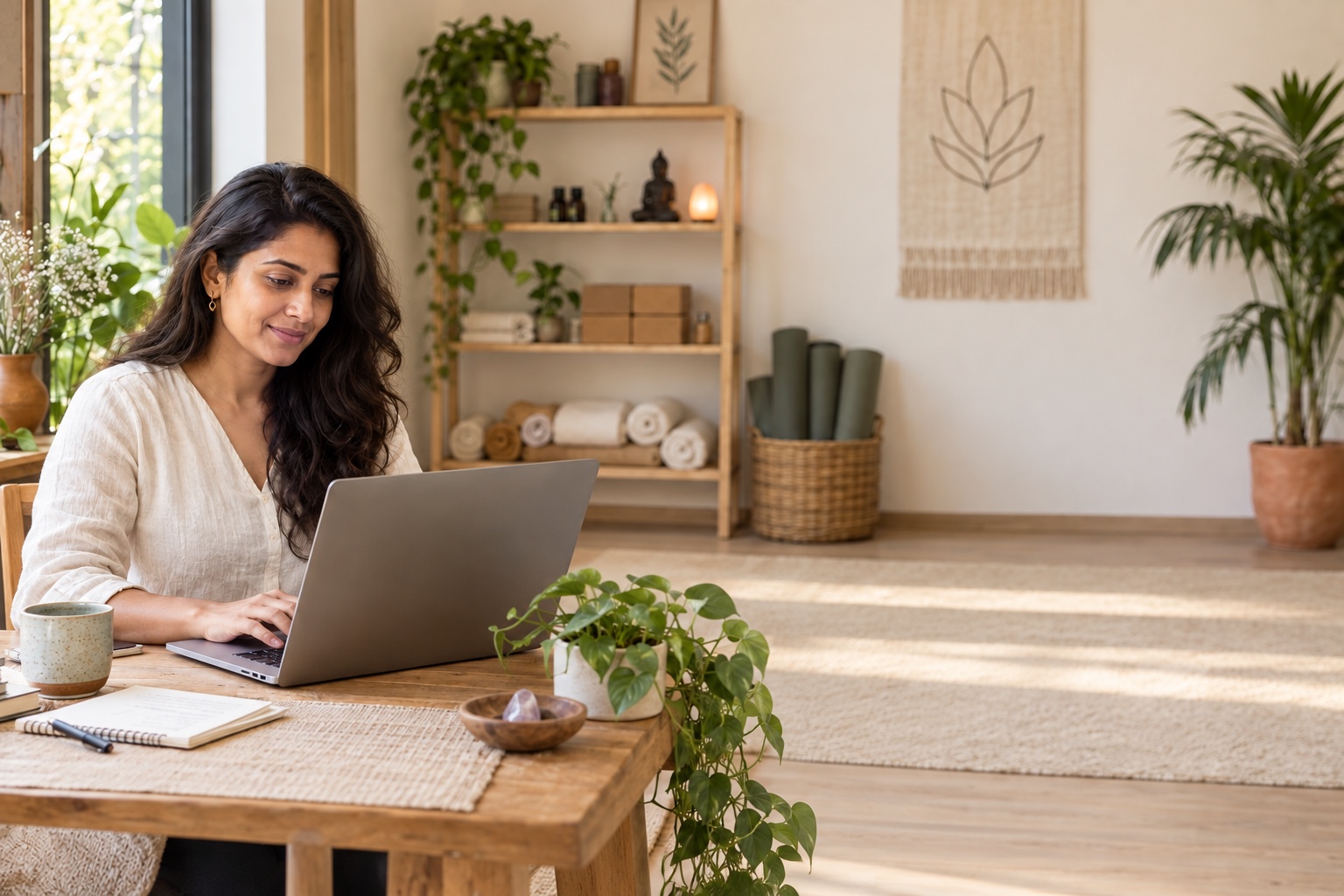 An Indian wellness professional managing her business from her studio