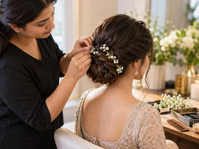 Illustrative bridal hairstyling catalog photograph