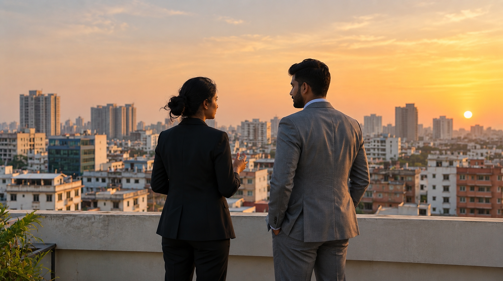 Two people looking across a city at sunrise