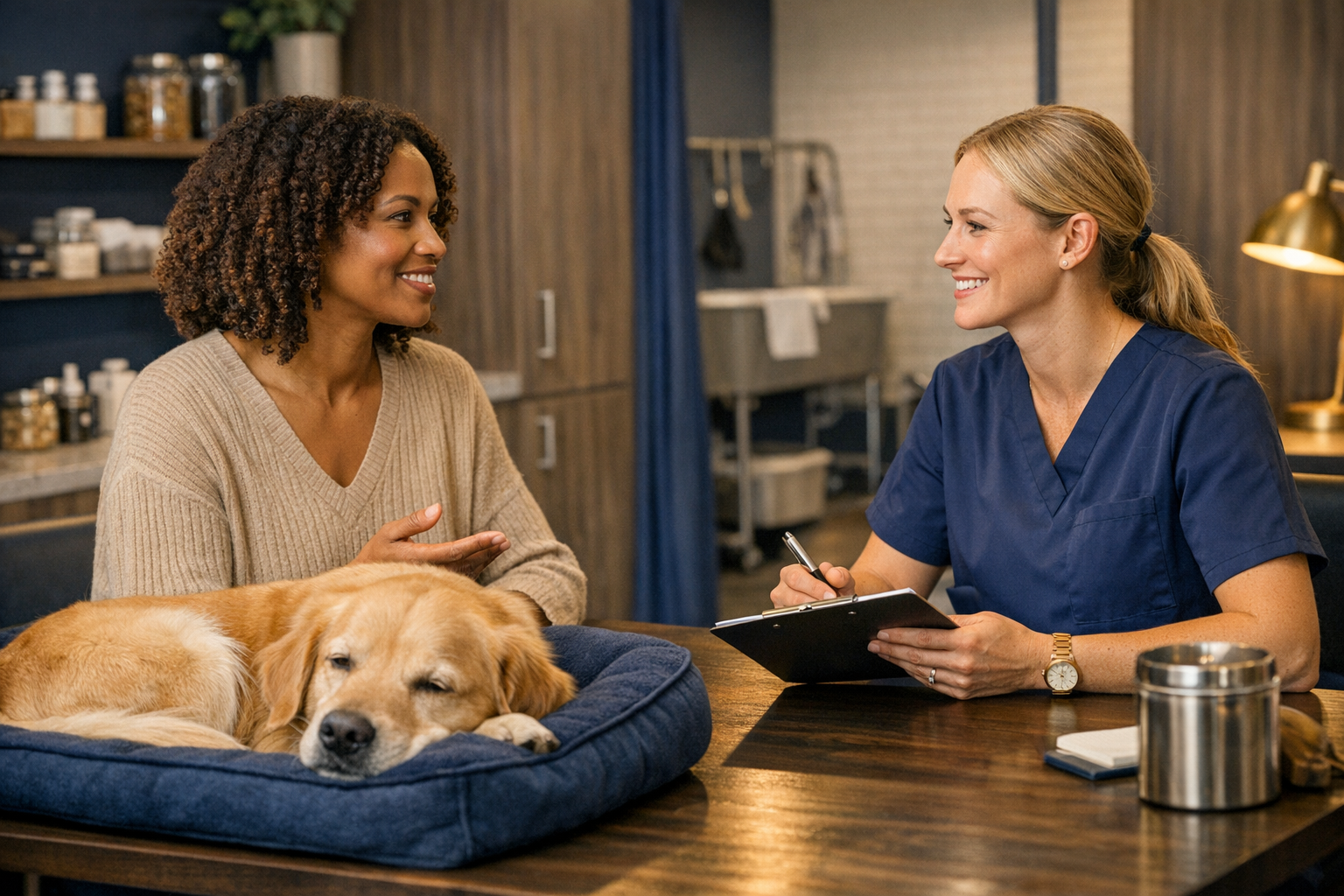 Pet Care & Services professional discussing service needs with a customer.