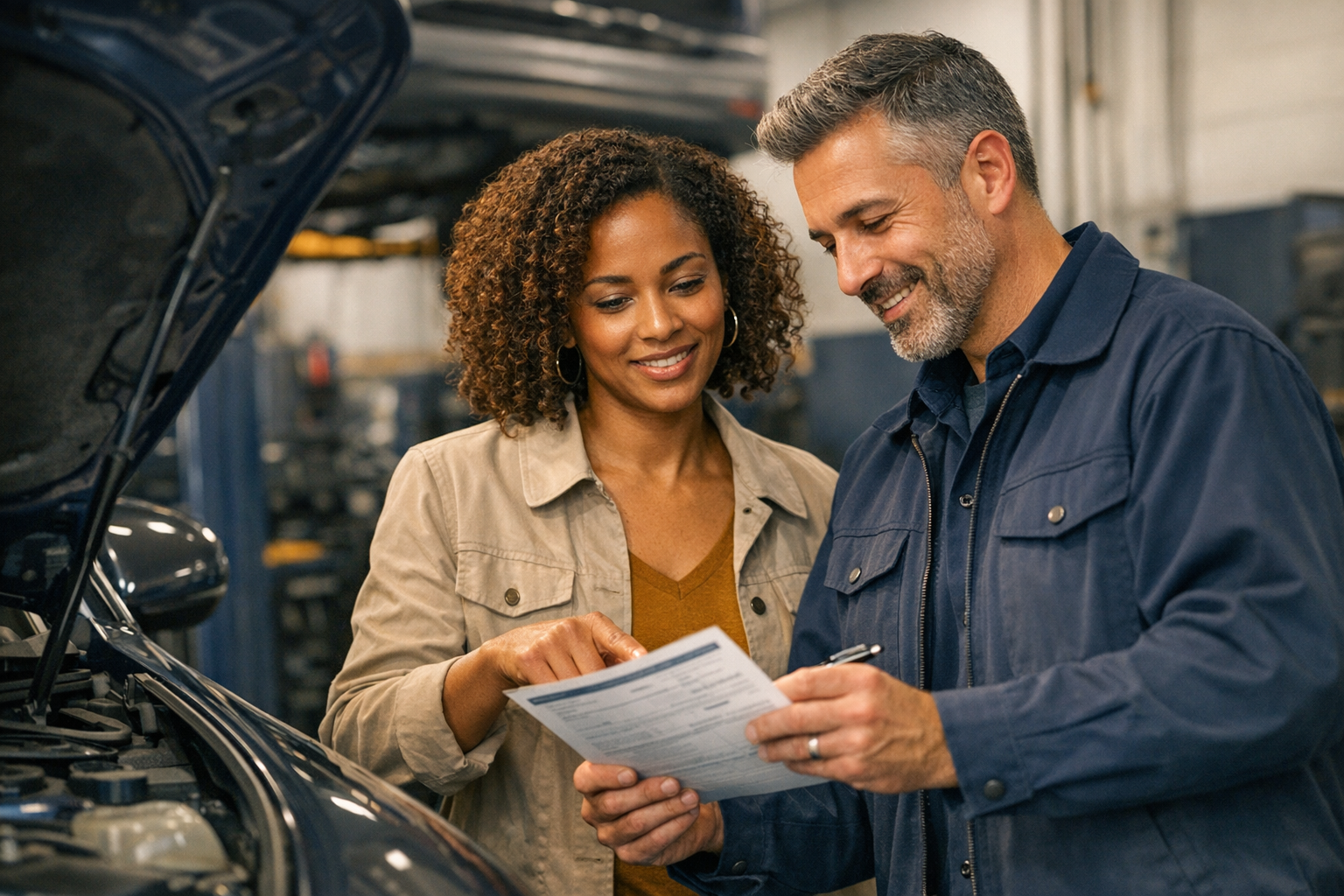 Automotive professional discussing service needs with a customer.
