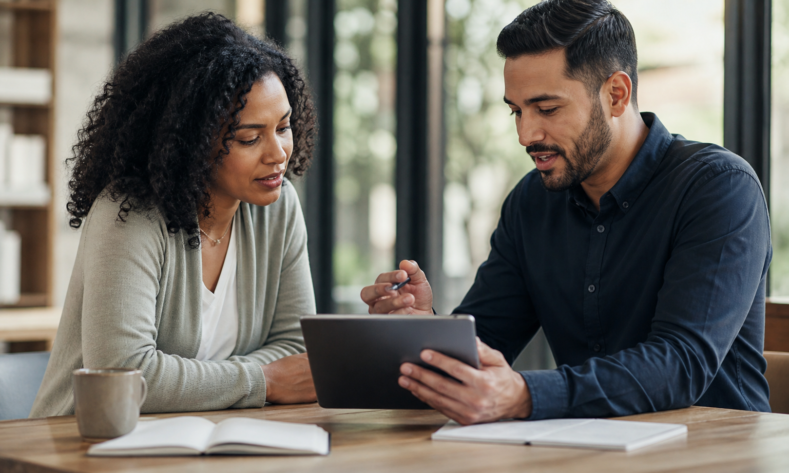 A customer and service professional reviewing service details together