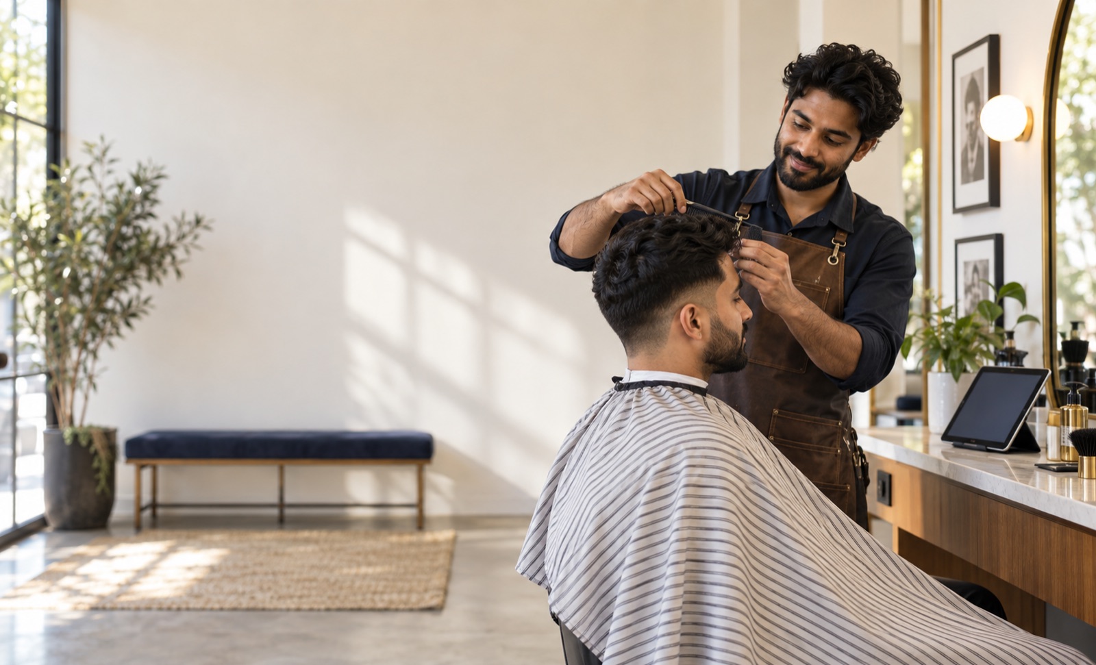 Barber serving a customer in his neighborhood studio