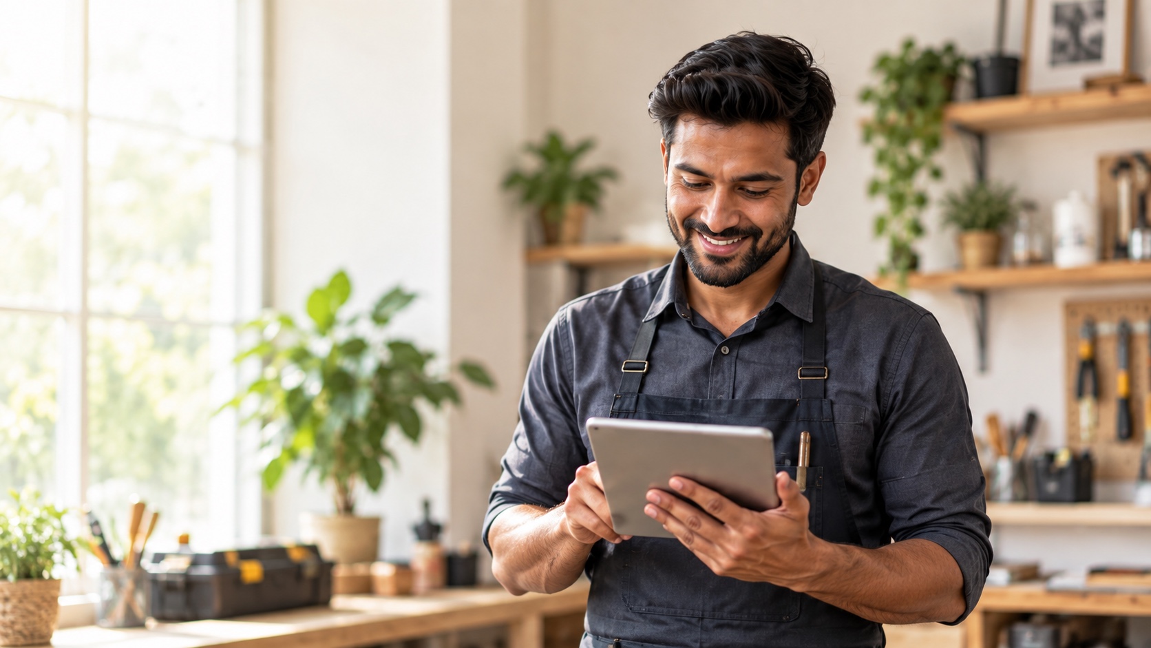 A service professional using a tablet in his workshop