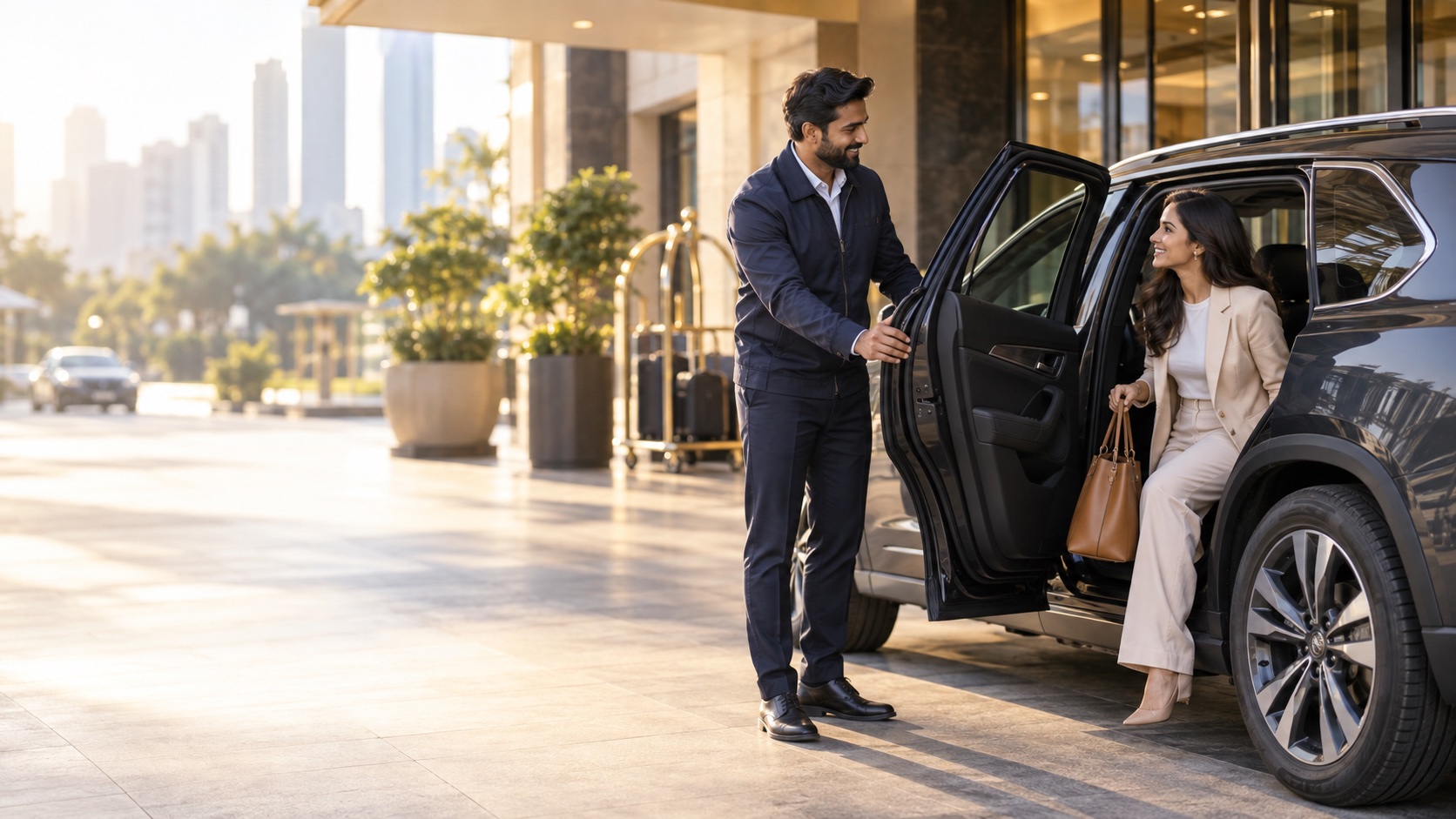 A professional driver helping a passenger at a waiting vehicle