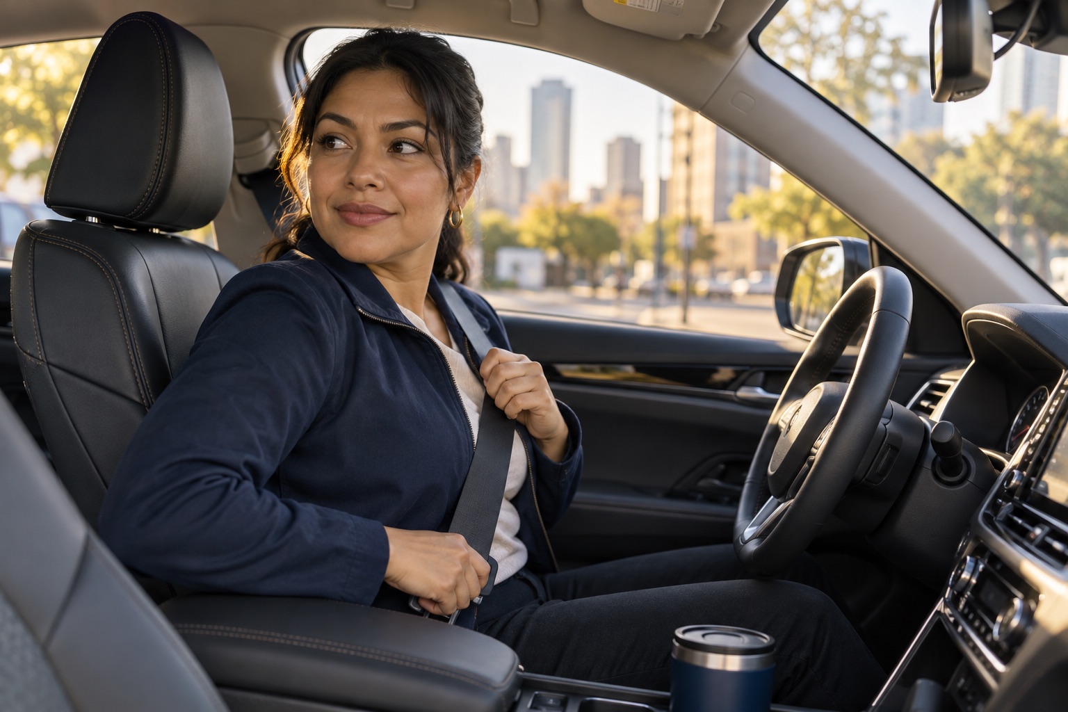 A professional driver fastening a seat belt